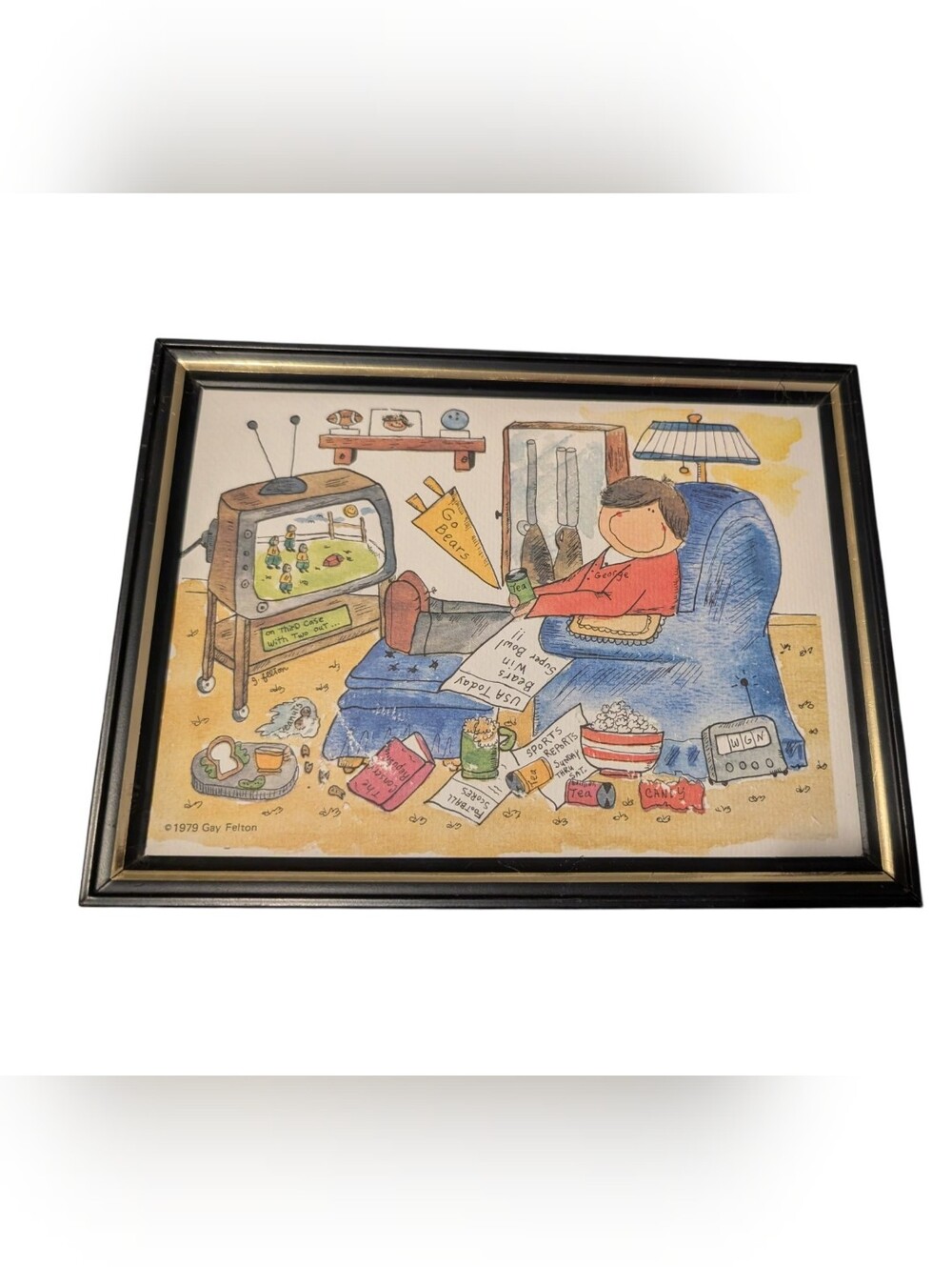 Vintage 1979 Gay Felton Framed Art Print Chicago Bears Football Fan Living Room